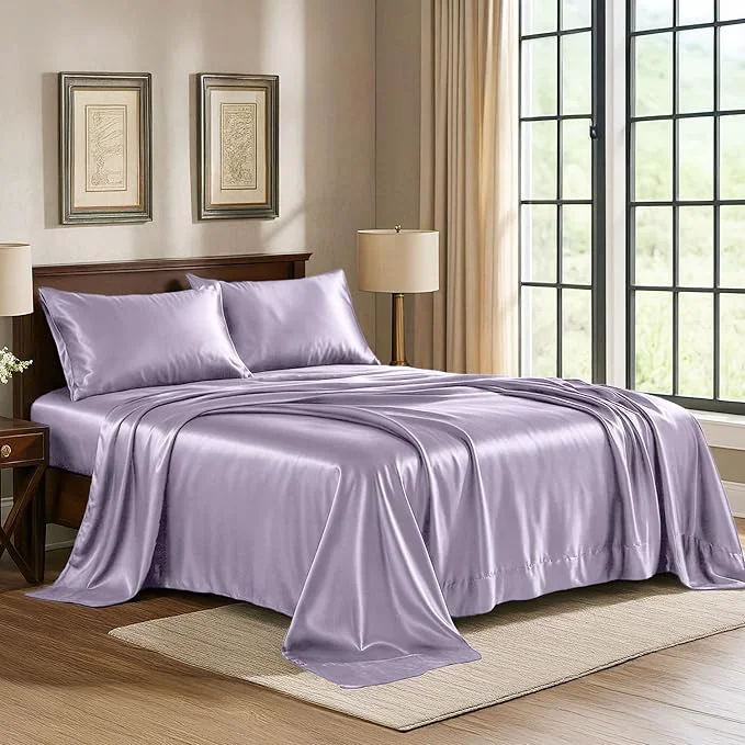 Refined Pure Bedding Satin Sheets California King 4-Piece Lavender Hotel Luxury Silky Bed Sheets - Extra Soft Microfiber Sheet Set Wrinkle Resistant - Deep Pocket Fitted Sheet Flat Sheet Pillow Cases Exceptional