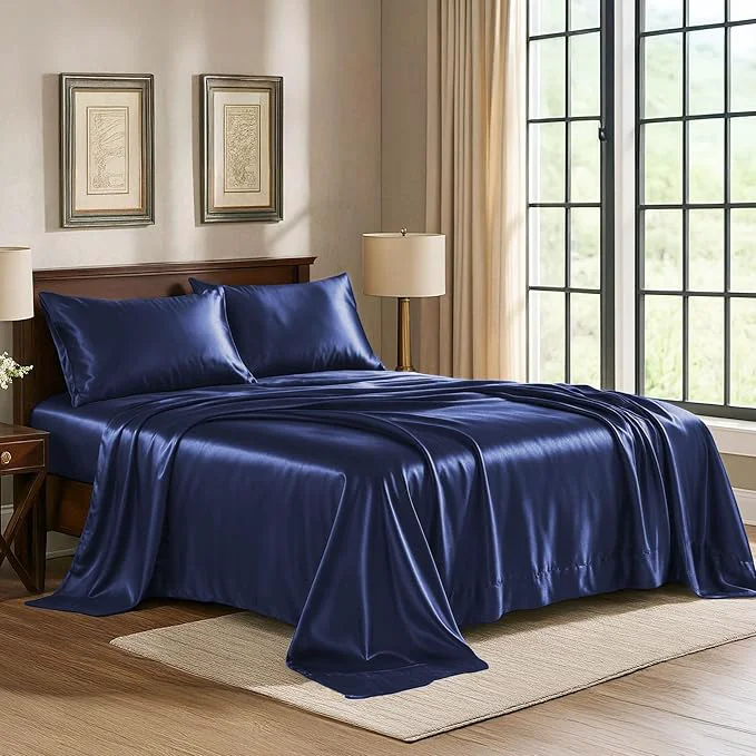 Comfortable Pure Bedding Satin Sheets Full Hotel Luxury Silky Bed Sheets - Extra Soft 1800 Microfiber Sheet Set Wrinkle Stain Resistant - Deep Pocket Fitted Flat Sheet Pillow Cases 4-Piece Midnight Blue Enhanced