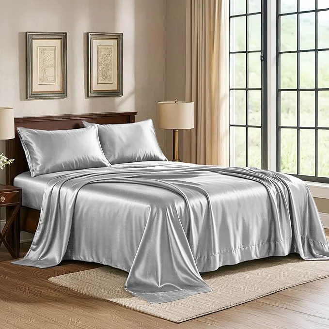 Environmentally Friendly Satin Sheets Full 4-Piece Grey Hotel Luxury Silky Bed Sheets - Extra Soft 1800 Microfiber Sheet Set Wrinkle Fade Stain Resistant - Deep Pocket Fitted Sheet Flat Sheet Pillow Cases Exceptional