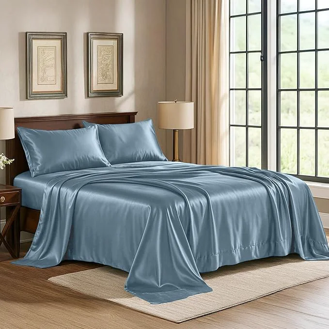 Pure Bedding Satin Sheets Twin 3-Piece SkyBlue Hotel Luxury Silky Bed Sheets - Extra Soft 1800 Microfiber Sheet Set Wrinkle Fade Deep Pocket Fitted Sheet Flat Sheet Pillow Cases First-Class