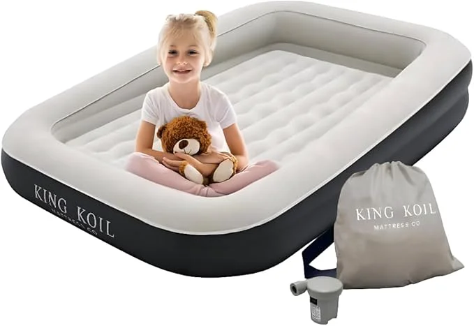 Durable King Koil Luxury Inflatable Toddler Travel Bed with Built-in Safety Bumper Portable Air Mattress Airbed for Kids Travel Includes High-Speed Pump - Black Green