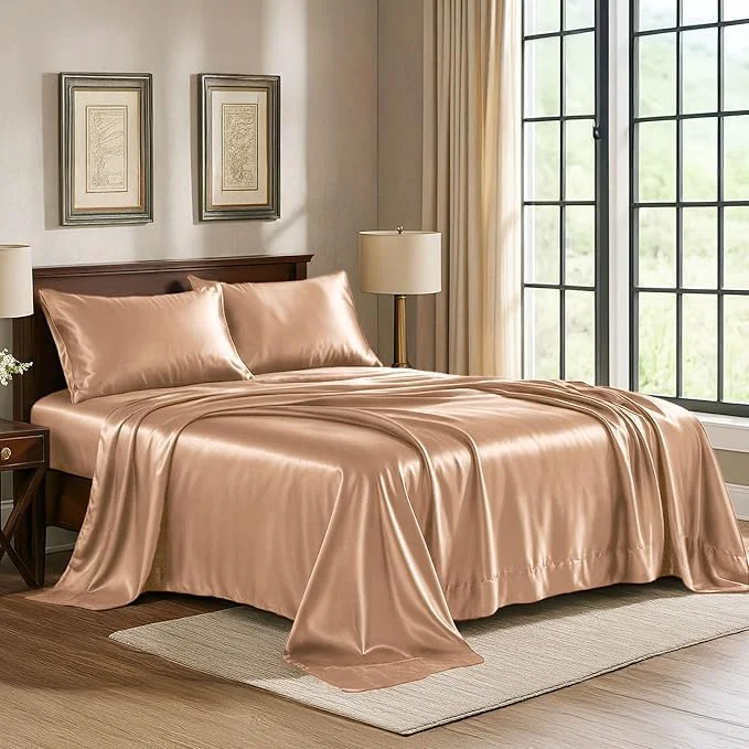 Solid Pure Bedding Satin Sheets California King 4-Piece Rose Gold Hotel Luxury Silky Bed Sheets - Extra Soft Microfiber Sheet Set Wrinkle Resistant - Deep Pocket Fitted Sheet Flat Sheet Pillow Cases Premium Material