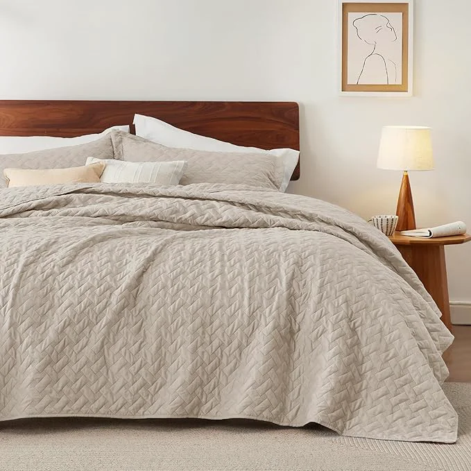 Enhanced Bedsure Quilts King Size - Lightweight Bedspreads King Size with Basket Weave Pattern Soft Quilt Bedding Set Light Beige Comforter Set Coverlet for All Seasons with 2 Pillow Shams 106 quot x 96 quot Skin-Friendly Soft All-Season Comfort Breathable Lig... Traditional