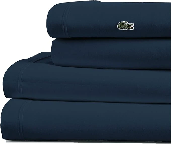 Convenient Lacoste Cotton Percale 4-Piece Sheet Set – Cool Crisp Matte and Durable Oeko-Tex – Solid Navy Full Lightweight