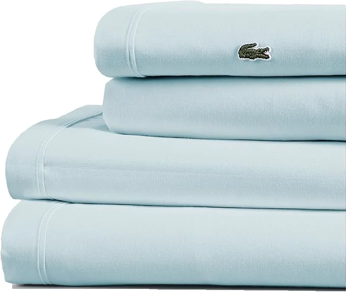 Fine Crafted Lacoste Cotton Percale 3-Piece Sheet Set – Cool Crisp Matte and Durable Oeko-Tex – Solid Pale Aqua Twin XL Fine
