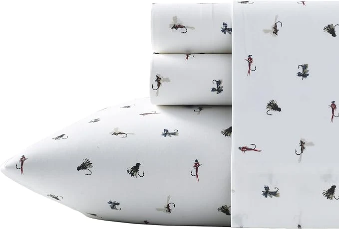 Soft Eddie Bauer - Twin Bed Sheets Cotton Percale Bedding Set with Matching Pillowcase Crisp amp Cool Dorm Essentials Fishing Flies White High-End