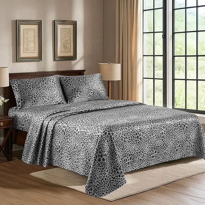 Detailed Satin Sheets Full 4-Piece Silver Leopard Hotel Luxury Silky Bed Sheets - Extra Soft 1800 Microfiber Sheet Set Wrinkle Fade Stain Resistant - Deep Pocket Fitted Sheet Flat Sheet Pillow Cases Premium Material