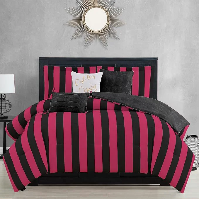 Effective Juicy Couture Cabana Stripe Reversible Bedding Set - Queen Full Size - Black and Hot Pink Stripe Print – 6 Piece Set – Includes 1 90 quot x 90 quot Comforter 3 Decorative Pillows 2 Shams Natural