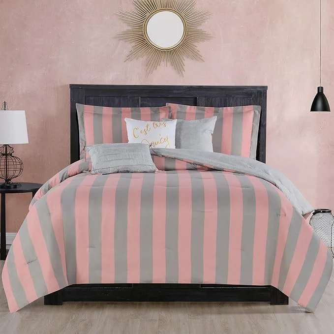 Luxury Juicy Couture Cabana Stripe Reversible Bedding Set - King Size - Pink and Grey Stripe Print - 6 Piece Set - Includes 1 104 x 90 Comforter 3 Decorative Pillows 2 Shams Casual