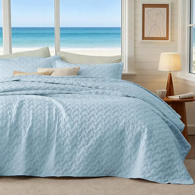 Unique Bedsure Quilts Queen Size - Lightweight Bedspreads Queen Size with Basket Weave Pattern Soft Quilt Bedding Set Sky Blue Comforter Set Coverlet for All Seasons with 2 Pillow Shams 90 quot x 96 quot Skin-Friendly Soft All-Season Comfort Breathable Light... Green