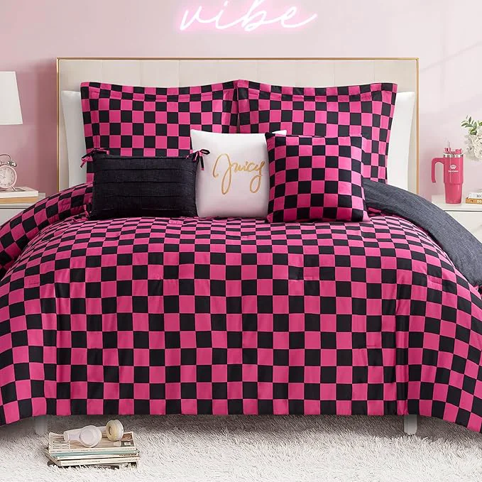 Contemporary Juicy Couture Reversible Checkerboard Comforter Set 6-Piece King Set Black Hot Pink Optimized