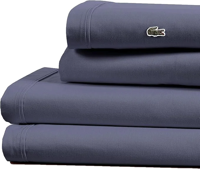 Elite Lacoste Cotton Percale 4-Piece Sheet Set – Cool Crisp Matte and Durable Oeko-Tex – Solid Vintage Indigo Queen High-Grade