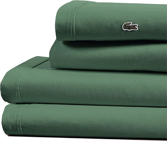 Traditional Lacoste Cotton Percale 3-Piece Sheet Set – Cool Crisp Matte and Durable Oeko-Tex – Solid Green Twin World-Class