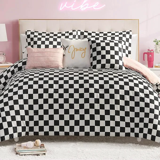 Breathable Juicy Couture Reversible Checkerboard Comforter Set 6-Piece Full Queen Set Black White Fashionable