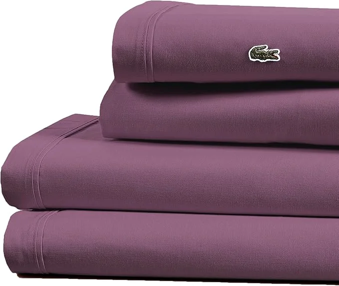 Fast Lacoste Cotton Percale 4-Piece Sheet Set – Cool Crisp Matte and Durable Oeko-Tex – Solid Plum Full Natural