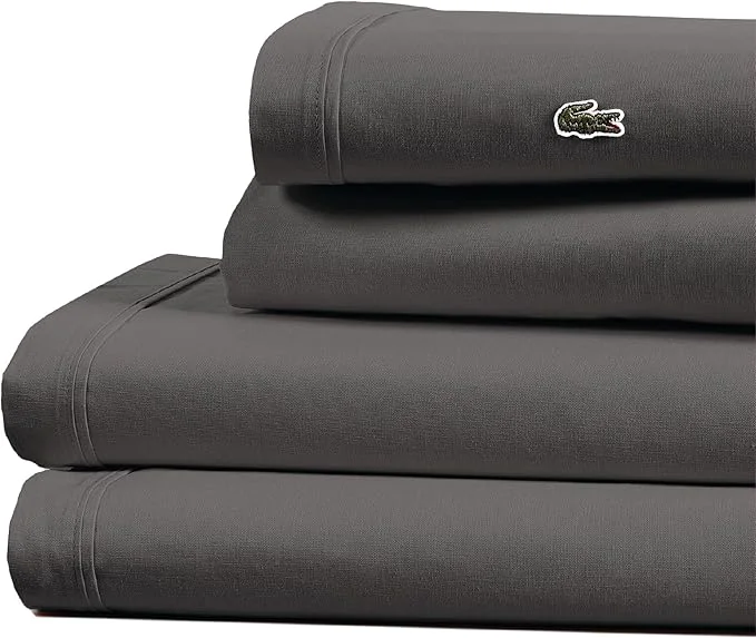 Authentic Lacoste Cotton Percale 4-Piece Sheet Set – Cool Crisp Matte and Durable Oeko-Tex – Solid Dark Gray California King Prestigious