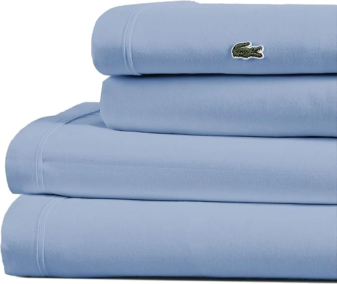 Contemporary Lacoste Cotton Percale 4-Piece Sheet Set – Cool Crisp Matte and Durable Oeko-Tex – Solid Allure Blue Queen Specialty