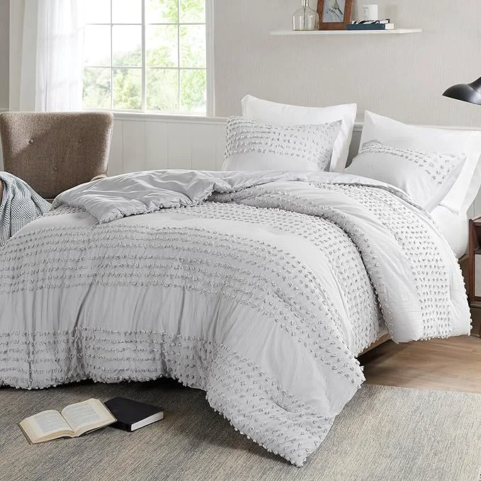Effective Comfort Spaces Cotton Comforter Set Jacquard Pom-Pom Tufts Design Down All Season Modern Bedding Matching Shams Twin Twin XL Grey 3 Piece Casual