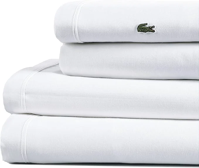 Superior Lacoste Cotton Percale 4-Piece Sheet Set – Cool Crisp Matte and Durable Oeko-Tex – Solid White Queen Modern