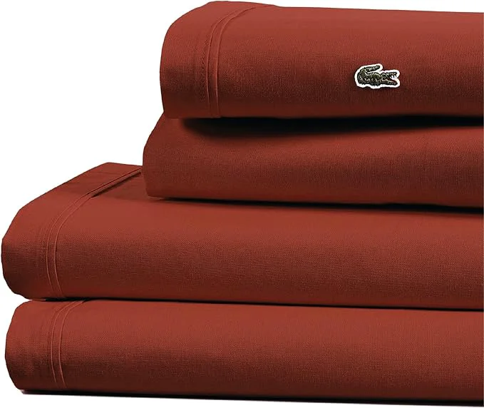 Official Lacoste Cotton Percale 3-Piece Sheet Set – Cool Crisp Matte and Durable Oeko-Tex – Solid Chili Pepper Twin XL Enhanced