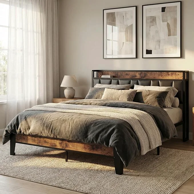 Trusted LIKIMIO Queen Bed Frame Storage Headboard with Charging Station Solid and Stable Noise No Box Spring Needed Easy Assembly Vintage and Black Flexible