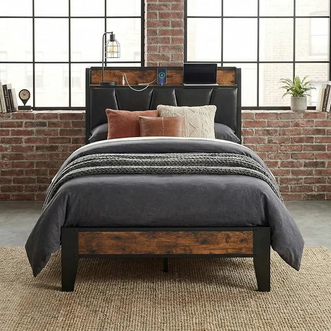 Elegant LIKIMIO Twin Bed Frame Storage Headboard with Charging Station Solid and Stable Noise No Box Spring Needed Easy Assembly Vintage and Black Effective