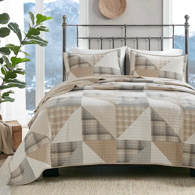 Convenient Woolrich Olsen Reversible Quilt Set - Cottage Styling Reversed to Solid Color All Season Lightweight Coverlet Cozy Bedding Layer Matching Shams Oversized King Cal King Geometric Plaid Tan 3 Piece World-Class