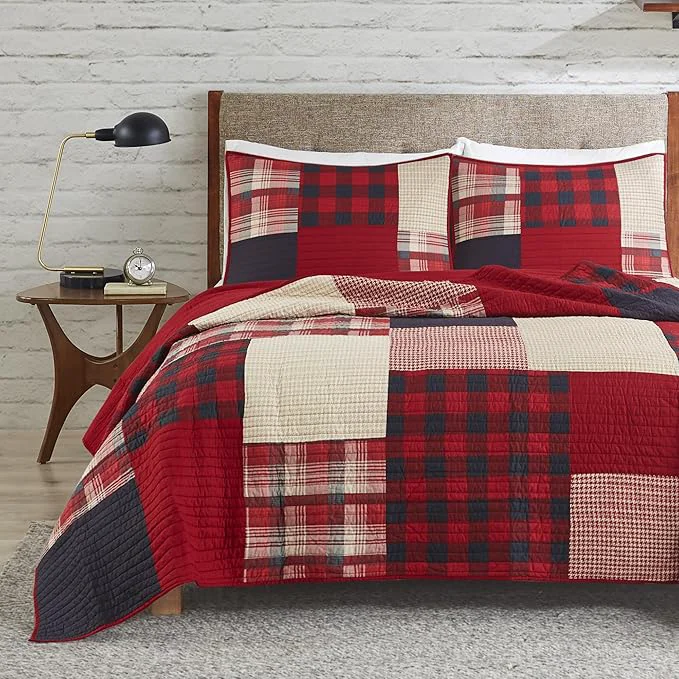 Carefully Designed Woolrich Sunset Reversible Quilt Set - Cottage Styling Reversed to Solid Color All Season Lightweight Coverlet Cozy Bedding Layer Matching Shams Oversized King Cal King Plaid Red 3 Piece Natural