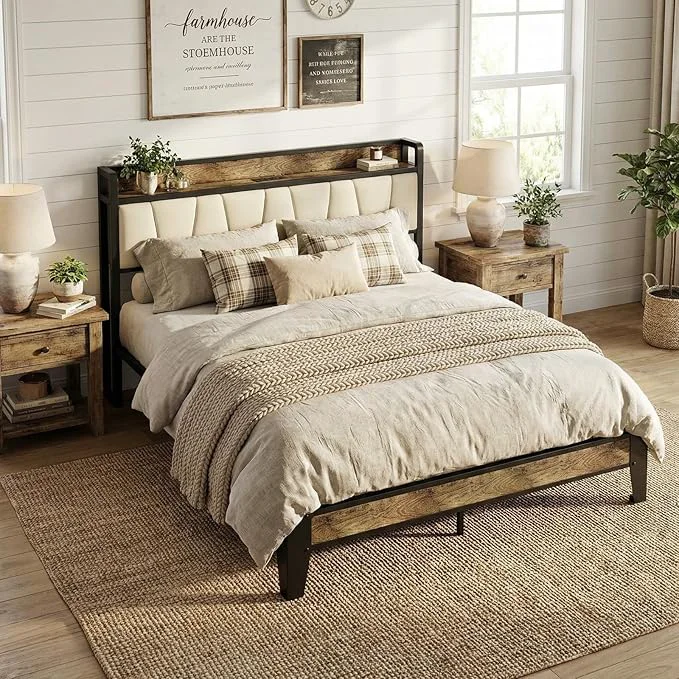 Stylish LIKIMIO Queen Bed Frame Storage Headboard with Charging Station Solid and Stable Noise No Box Spring Needed Easy Assembly Walnut and Beige Verified