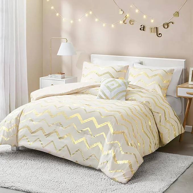 Elite Codi White and Gold Bed Comforter Set Cute Queen and Full Size Golden Teen Girls Bedding 4 Pieces - All Seasons Warm Quality