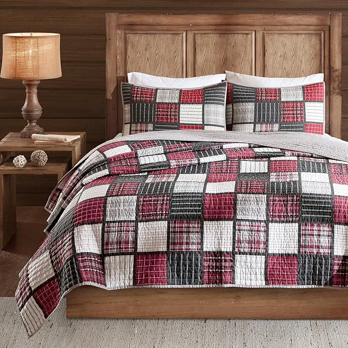 Versatile Woolrich Reversible Quilt Cabin Lifestyle Design - All Season Breathable Coverlet Bedspread Bedding Set Matching Shams Oversized King Cal King Tulsa Plaid Red Grey 3 Piece Fashionable