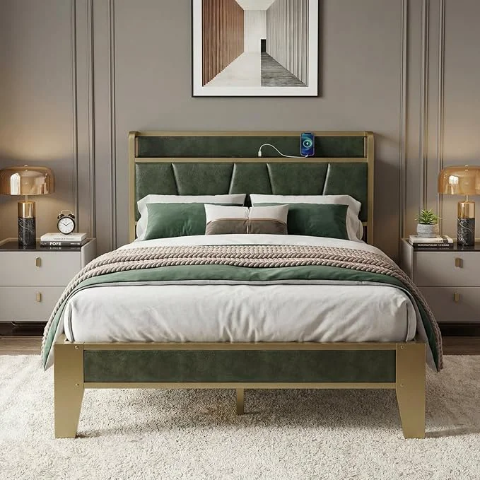 Efficient LIKIMIO Twin XL Bed Frame Storage Headboard with Charging Station Solid and Stable Noise No Box Spring Needed Easy Assembly Dark Green Fine