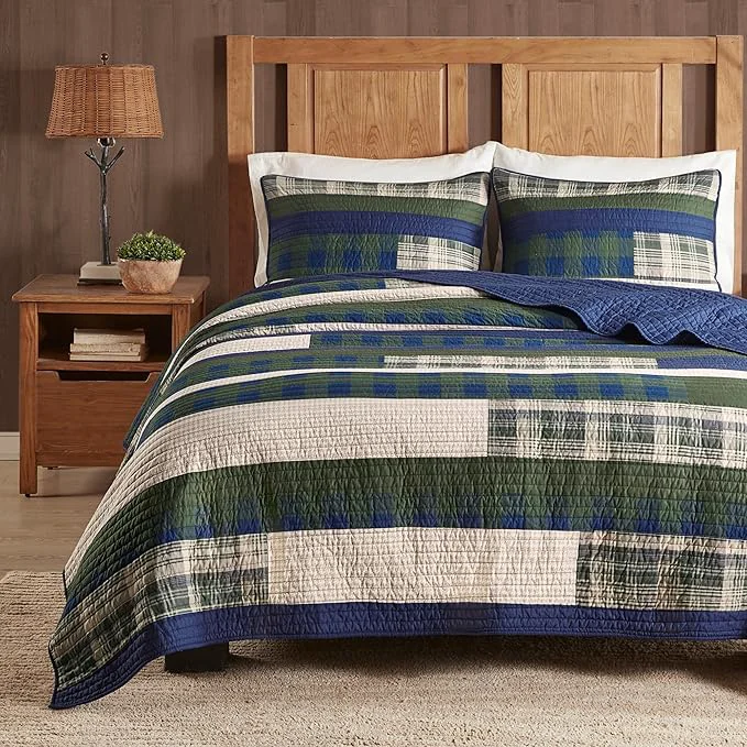 Clean Woolrich Spruce Hill Reversible Quilt Set - Cottage Styling Reversed to Solid Color All Season Lightweight Coverlet Cozy Bedding Layer Matching Shams Oversized Full Queen Stripes Green 3 Piece Next-Generation