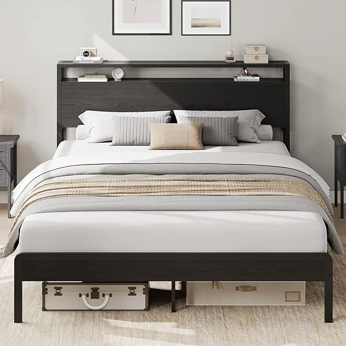 Next-Generation LIKIMIO Queen Bed Frame with Headboard Dark Wood Camas Queen with Strong Supports Sturdy Noise- No Box Spring Needed Classic Black Efficient