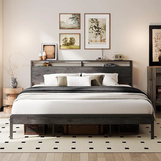 Healthy LIKIMIO California King Bed Frame with Headboard Dark Wood Camas California King with Strong Supports Sturdy Noise- No Box Spring Needed Charcoal Grey Superior