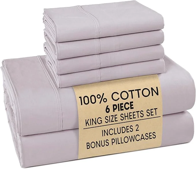 Durable Casa Platino Cotton King Size Sheets – Crisp Percale Sheets King with 4 Pillowcases with 15 quot Deep Pocket Sheet for Secure Fit Ultra Soft amp Cozy Excellent Quality amp Fit – Grey Lavender Reliable