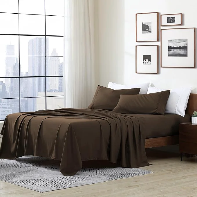 Eco-Friendly Cathay Home Essentials Ultra Soft Hypoallergenic Wrinkle Resistant Double Brushed Microfiber Bedding Sheet Set Brown Twin XL Breathable