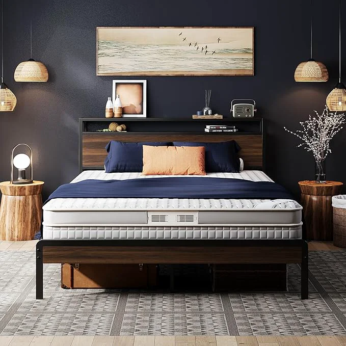 Dependable LIKIMIO Queen Bed Frame with Headboard Dark Wood Camas Queen with Strong Supports Sturdy Noise- No Box Spring Needed Dark Walnut Crafted