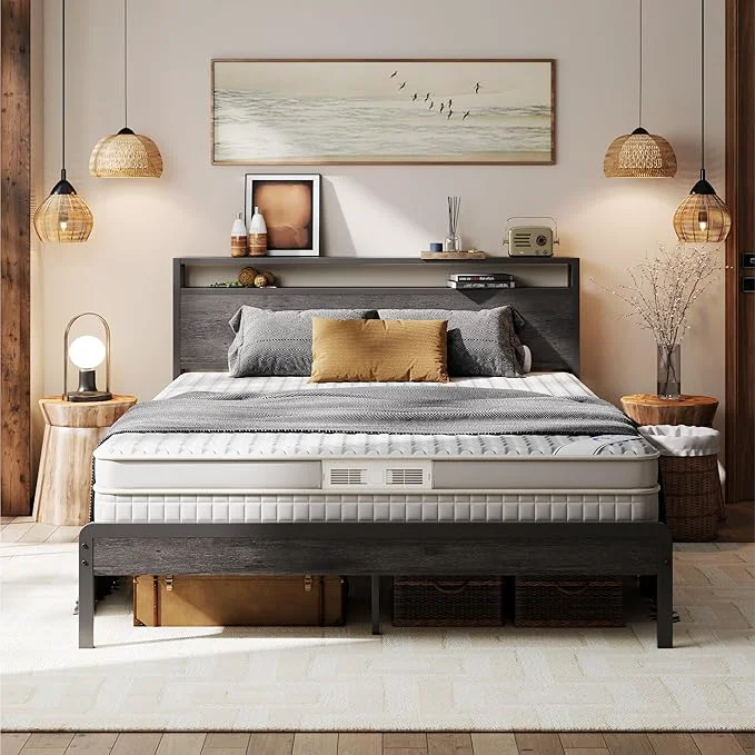 Minimalist LIKIMIO Queen Bed Frame with Headboard Dark Wood Camas Queen with Strong Supports Sturdy Noise- No Box Spring Needed Charcoal Grey Solid