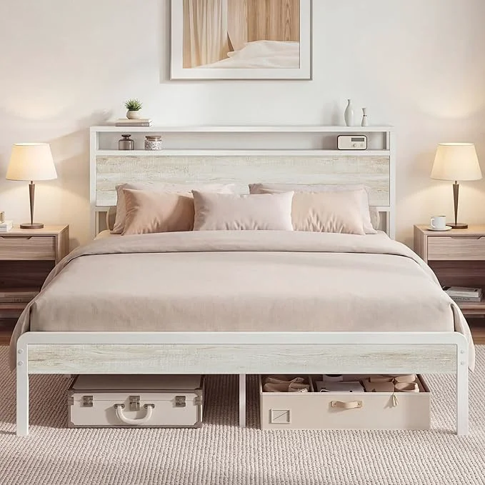 Exceptional LIKIMIO Queen Bed Frame with Headboard Wood Camas Queen with Strong Supports Sturdy Noise- No Box Spring Needed White Maple Sustainable