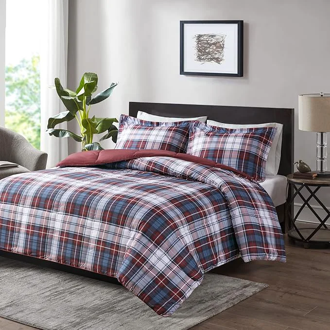 Sustainable Madison Park Essentials Parkston Plaid Comforter Matching Sham 3M Scotchguard Stain Release Cover Hypoallergenic All Season Bedding-Set King California King Red 3 Piece Organic