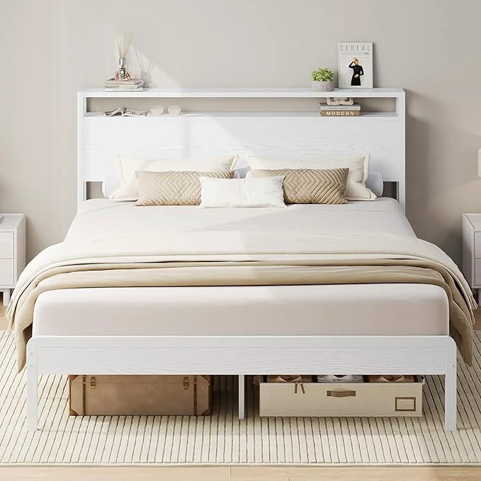 Effective LIKIMIO Full Bed Frame with Headboard Wood Camas Full with Strong Supports Sturdy Noise- No Box Spring Needed White Next-Generation