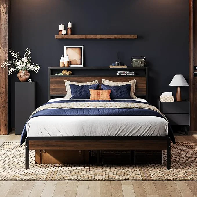 Natural LIKIMIO Full Bed Frame with Headboard Dark Wood Camas Full with Strong Supports Sturdy Noise- No Box Spring Needed Dark Walnut Verified