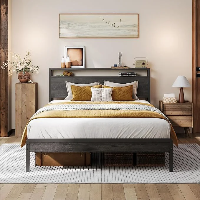 Stylish LIKIMIO Full Bed Frame with Headboard Dark Wood Camas Full with Strong Supports Sturdy Noise- No Box Spring Needed Charcoal Grey Minimalist