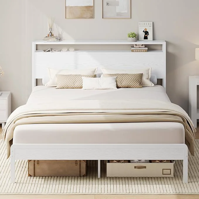 Natural LIKIMIO Queen Bed Frame with Headboard Wood Camas Queen with Strong Supports Sturdy Noise- No Box Spring Needed White Trendy