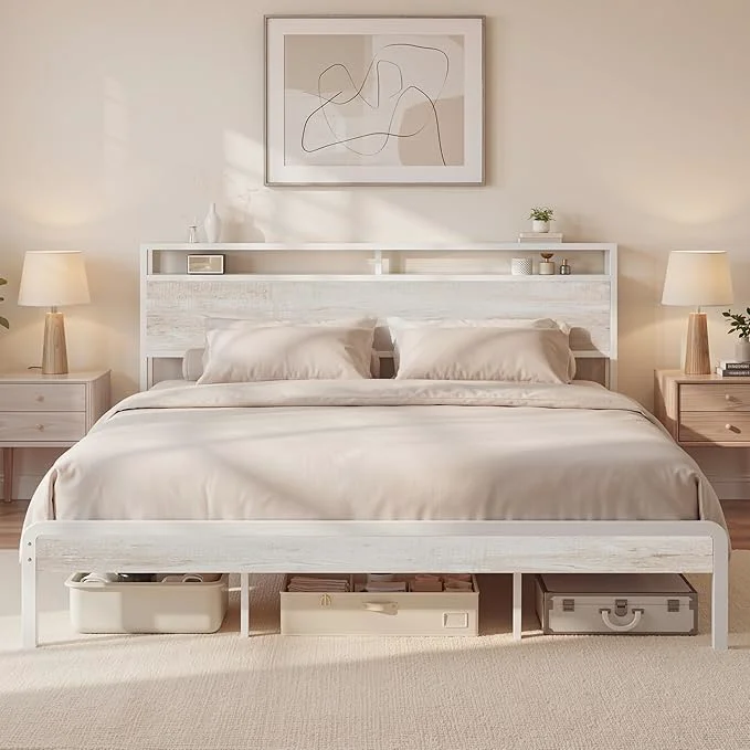 Clean LIKIMIO King Bed Frame with Headboard Wood Camas King with Strong Supports Sturdy Noise- No Box Spring Needed White Maple Authentic