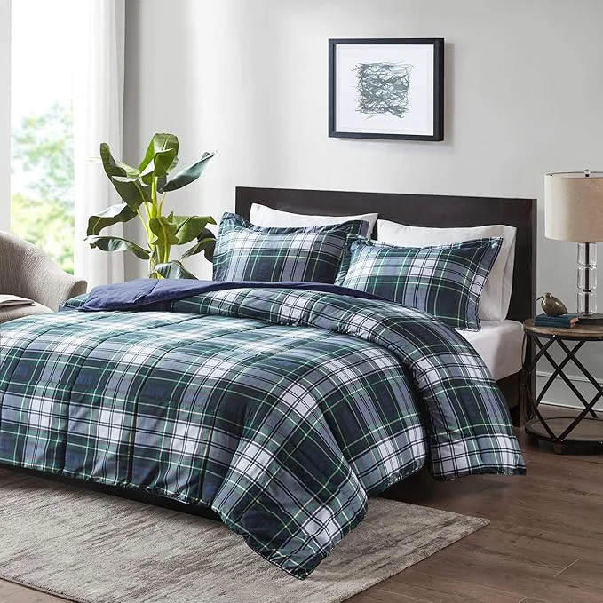 First-Class Madison Park Essentials Parkston Plaid Comforter Matching Sham 3M Scotchguard Stain Release Cover Hypoallergenic All Season Bedding-Set King California King Navy 3 Piece Stylish
