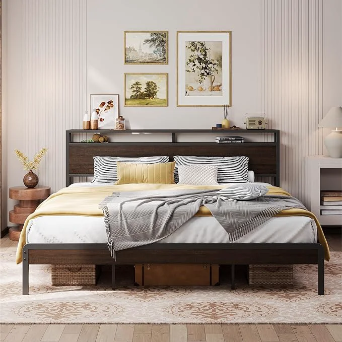 Enhanced LIKIMIO California King Bed Frame with Headboard Dark Wood Camas California King with Strong Supports Sturdy Noise- No Box Spring Needed Dark Brown Reliable