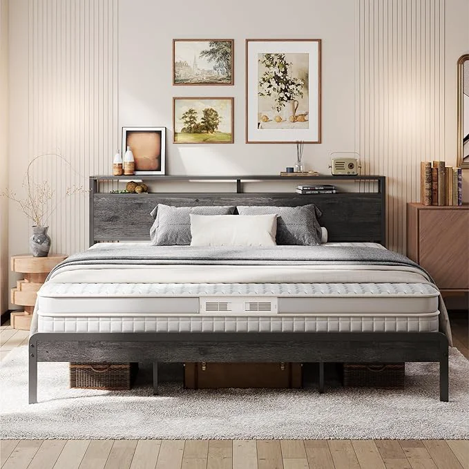 Artisan LIKIMIO King Bed Frame with Headboard Dark Wood Camas King with Strong Supports Sturdy Noise- No Box Spring Needed Charcoal Grey Dependable