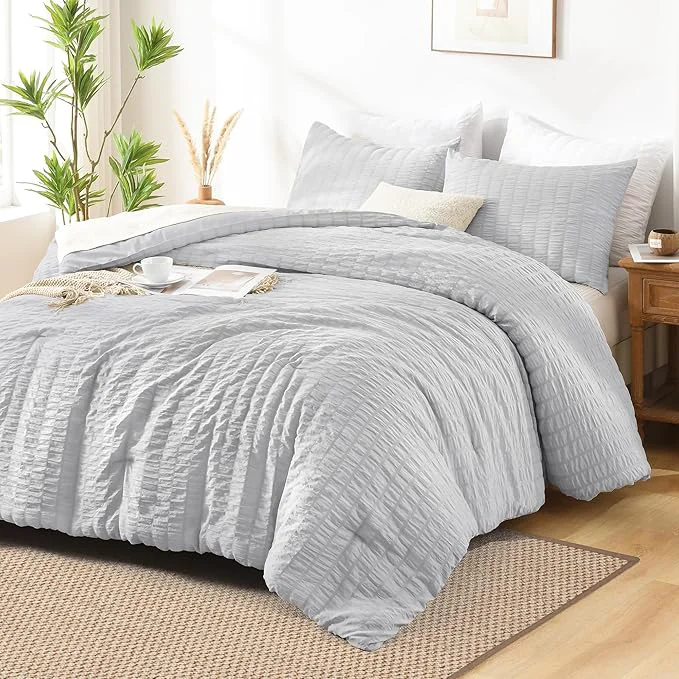 Healthy AveLom Seersucker Full Comforter Set 80x90 Light Gray 3 Pieces - Microfiber Soft Washed Down Chic Seersucker Design Easy Care Pet Friendly High-Performance